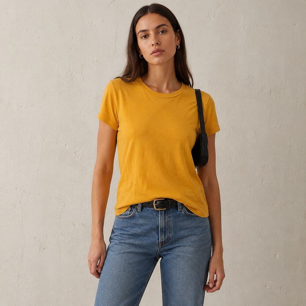 90s Minimalist Reformation Jeans Sunflower Yellow Tencel Baby Tee Elevated Basic